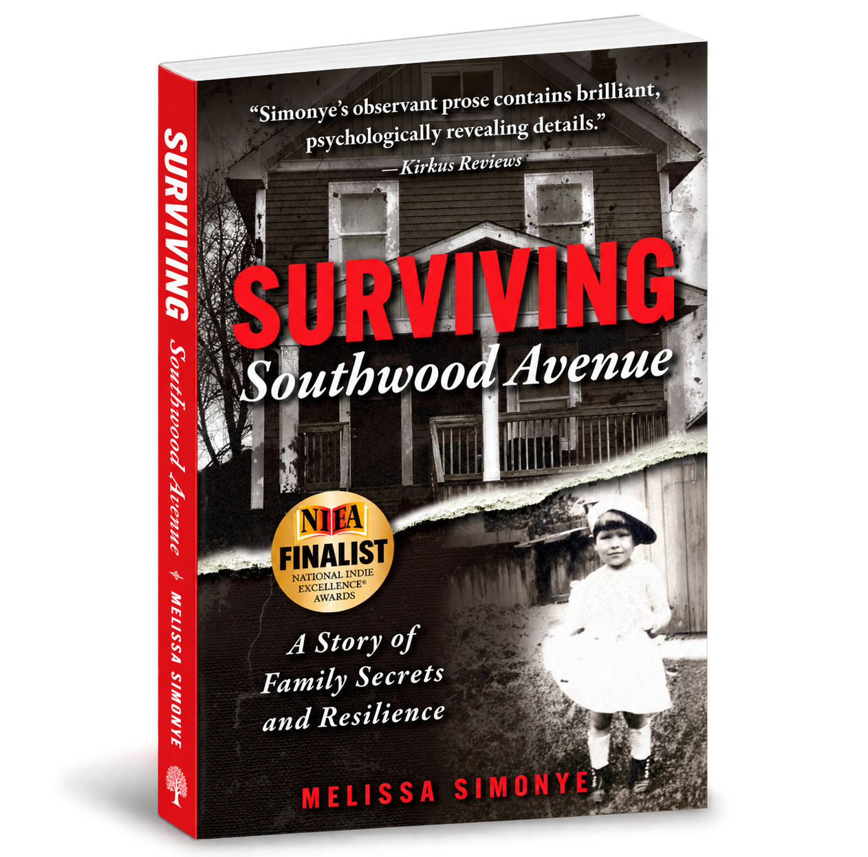 3D paperback cover of Surviving Southwood Avenue by Melissa Simonye, featuring the National Indie Excellence Awards Finalist seal.
